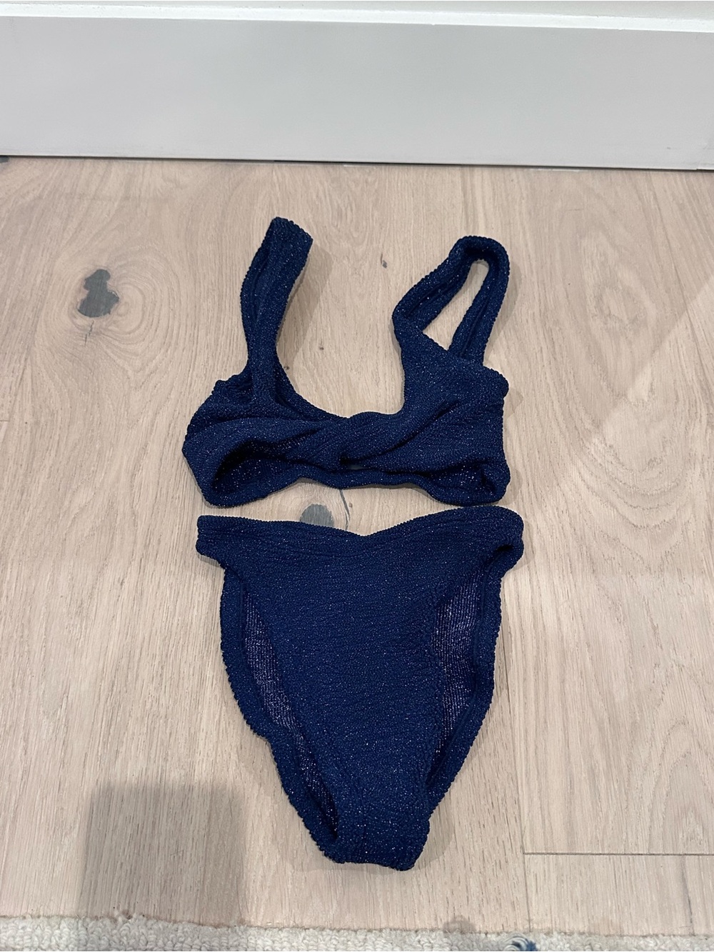 Hunza G Juno Lurex Bikini Navy Silver Metallic Crinkle One Size - Picture 3 of 6
